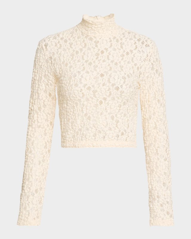 Puckered Lace Long-Sleeve Crop Top